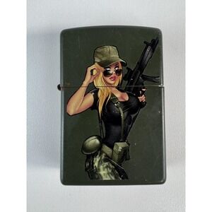 Vintage Zippo Windproof Lighter Green Army Pinup Girl Blonde Soldier USA F15